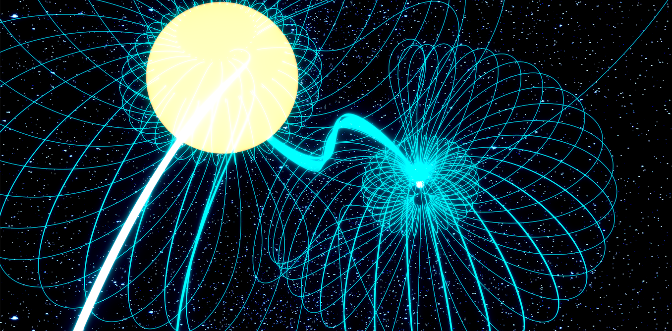 Artist’s illustration of the interacting binary stars in the Conversation article